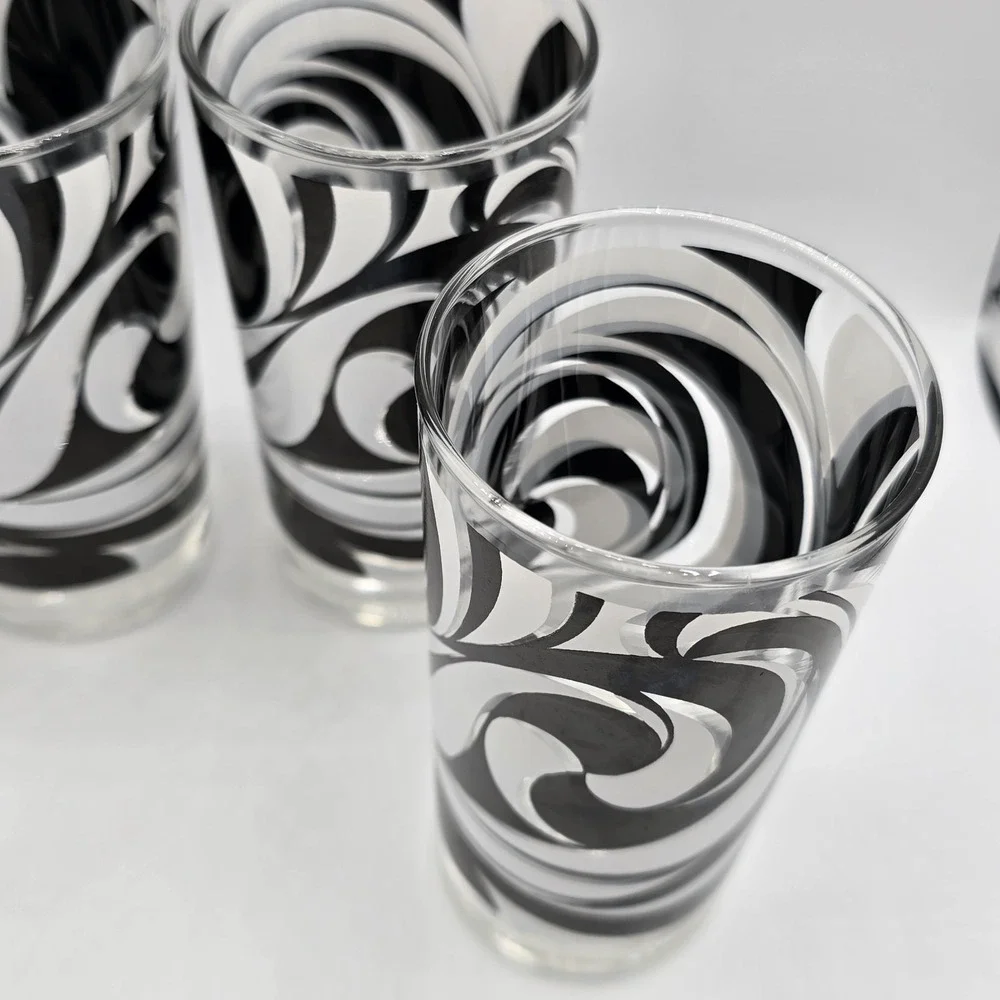Libbey Partytime Mid-Century Black and White Atomic Swirl Glasses Vhtf Mod‎
